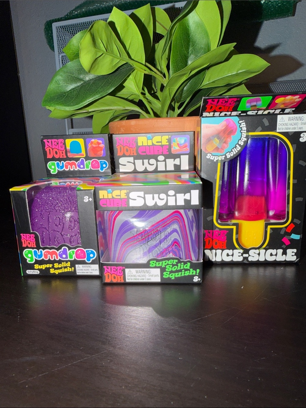 Three 3 NeeDohs Nice-Sicle, Swirly Cube & Gumdrop Bright Purple Authentic